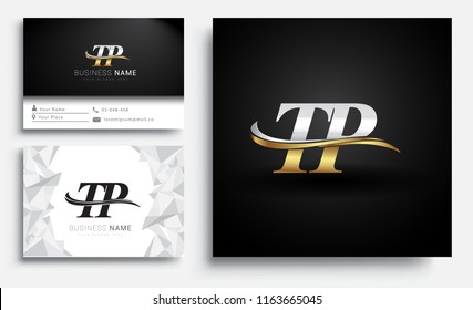 initial letter TP logotype company name colored gold and silver swoosh design. Vector sets for business identity on white background.
