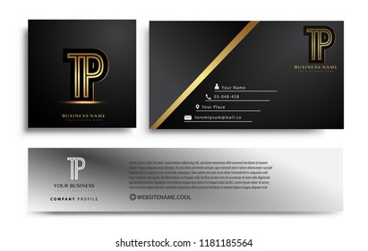 initial letter TP logotype company name colored gold elegant design. Vector sets for business identity on black background.