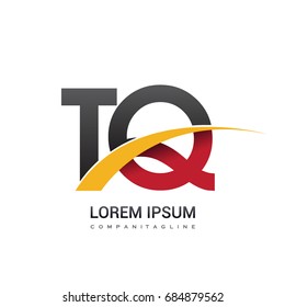 initial letter TQ logotype company name colored red, black and yellow swoosh design. isolated on white background.
