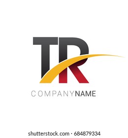 initial letter TR logotype company name colored red, black and yellow swoosh design. isolated on white background.
