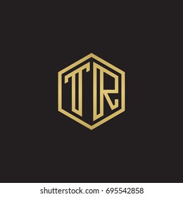 Initial letter TR, minimalist line art hexagon logo, gold color on black background