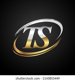 initial letter TS logotype company name colored gold and silver swoosh design. isolated on black background.
