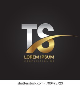 initial letter TS logotype company name colored gold and silver swoosh design. isolated on black background.