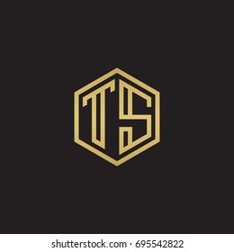 Initial letter TS, minimalist line art hexagon logo, gold color on black background