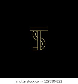 Initial letter TS ST minimal monogram art logo, gold color on black background.