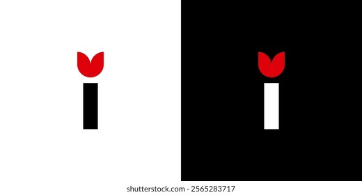 Initial letter I tulip love heart book logo template black white red	