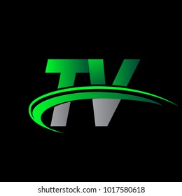initial letter TV logotype company name colored green and black swoosh design. vector logo for business and company identity.