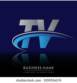 initial letter TV logotype company name colored blue and grey swoosh design. vector logo for business and company identity.
