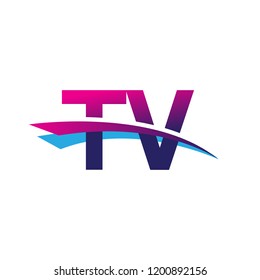 initial letter TV logotype company name colored blue and magenta swoosh design. vector logo for business and company