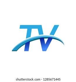 initial letter TV logotype company name colored blue and swoosh design. vector logo for business and company identity.