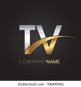 initial letter TV logotype company name colored gold and silver swoosh design. isolated on black background.