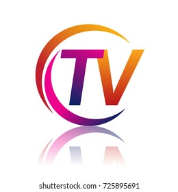 initial letter TV logotype company name orange and magenta color on circle and swoosh design. vector logo for business and company identity.