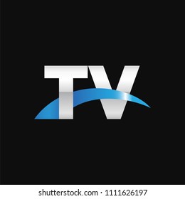 Initial letter TV, overlapping movement swoosh logo, metal silver blue color on black background
