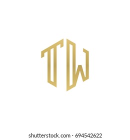 Initial letter TW, minimalist line art hexagon shape logo, gold color