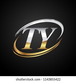 initial letter TY logotype company name colored gold and silver swoosh design. isolated on black background.