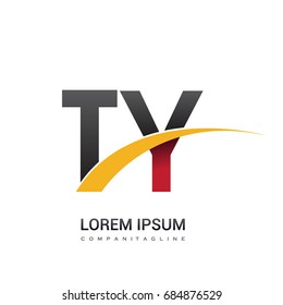initial letter TY logotype company name colored red, black and yellow swoosh design. isolated on white background.
