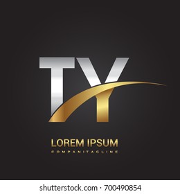 initial letter TY logotype company name colored gold and silver swoosh design. isolated on black background.
