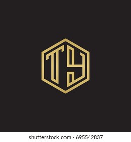 Initial letter TY, minimalist line art hexagon logo, gold color on black background