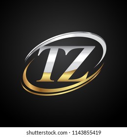 initial letter TZ logotype company name colored gold and silver swoosh design. isolated on black background.