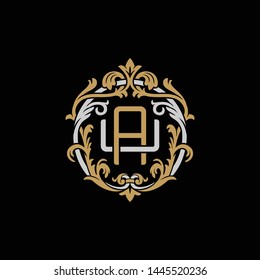 Initial letter U and A, UA, AU, decorative ornament emblem badge, overlapping monogram logo, elegant luxury silver gold color on black background