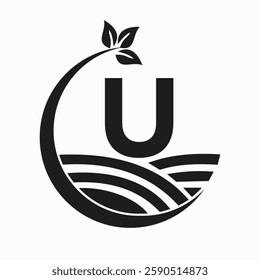 Initial Letter U Agriculture And Farming Logo Combine With Field and Leaf Symbol