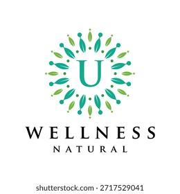 Initial letter U alphabet wellness, green, leaves, natural, health, organic, logo design, circle leaf nature graphic icon vector template