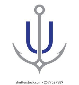 Initial Letter U Anchor Logo Design Concept For Boat, Ship, Yacht, Nautical Transport Symbol