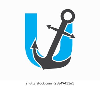 Initial Letter U Anchor Logo Design Concept For Boat, Ship, Yacht, Nautical Transport Symbol