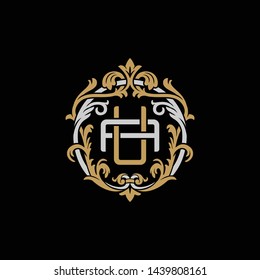 Initial letter A and U, AU, UA, decorative ornament emblem badge, overlapping monogram logo, elegant luxury silver gold color on black background
