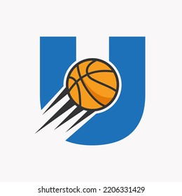 Letra inicial Concepto De Logo De Baloncesto U Con Icono De Baloncesto En Movimiento. Plantilla de vectores de tipo de logotipo de bolas de cesta