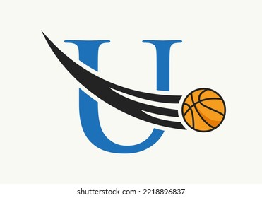 Initial Letter U Basketball Logo Concept With Moving Basketball Icon. Basket Ball Logotype Symbol Vector Template