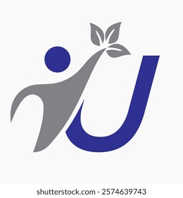 Initial Letter U Bio or Healthcare Logo Design Concept With Human And Green Leaf Symbol