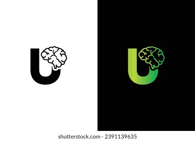 Initial letter U brain logo and icon vector illustration template design. Letter U Brain Idea Logo.