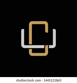 Initial letter U and C, UC, CU, overlapping interlock logo, monogram line art style, silver gold on black background