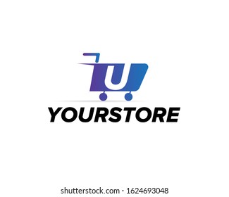 Initial Letter U Cart Shop logo design template vector