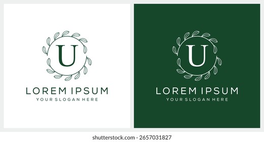 Initial letter U cosmetic spa and fashion logo design, serif font symbol icon, green leaf organic graphic vector