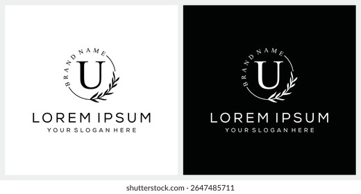 Initial letter U cosmetics fashion logo design, serif font graphic icon, leaves nature symbol concept