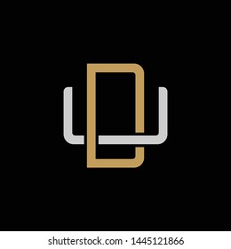Initial letter U and D, UD, DU, overlapping interlock logo, monogram line art style, silver gold on black background