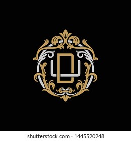 Initial letter U and D, UD, DU, decorative ornament emblem badge, overlapping monogram logo, elegant luxury silver gold color on black background