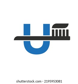 Letra inicial U Logotipo dental combinado con plantilla de símbolo de pincel dental