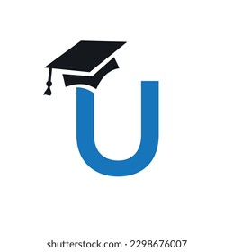 Initial Letter U Education Logo Design Combine With Graduation Hat Icon Vector Template