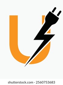 Initial Letter U Electric Logo Concept With Power and Electric Plug Symbol Vector Template