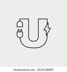 Initial Letter U Electricity Logo Design. Electrical Design Concept Alphabet Font. Vector Illustration.