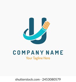 Initial Letter U with Fiber Optic, Electric Wire for Technology Business Logo Idea. Connection, Cabling Provider Repair Logo Vector