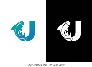 Initial Letter U Fish Logo Design Vector Icon Graphic Emblem Illustration. Word mark logo icon formed fish symbol in letter U in White background.