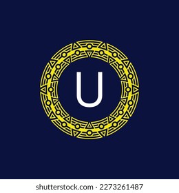 letra inicial logotipo del emblema del marco del patrón de círculo futurista U