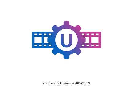 Initial Letter U Gear Cog Wheel with Reel Stripes Filmstrip for Film Movie Cinema Production Studio Logo Inspiration