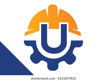 Letra inicial U com engrenagem e capacete. Vetor de design de logotipo de engenharia de engrenagens