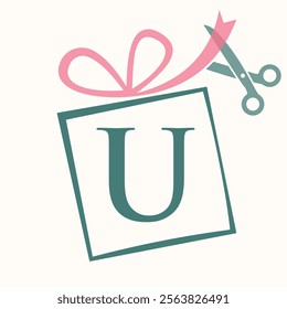 Initial Letter U Gift Box Logo Design Concept With Ribbon and Scissors Symbol For Weeding and Birthday Gift Sign