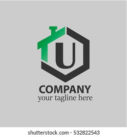 Initial letter U green black logo in the middle of vector home design icon with hexagonal shape, good logo for company, corporate, property, construction, real estate company/corporate